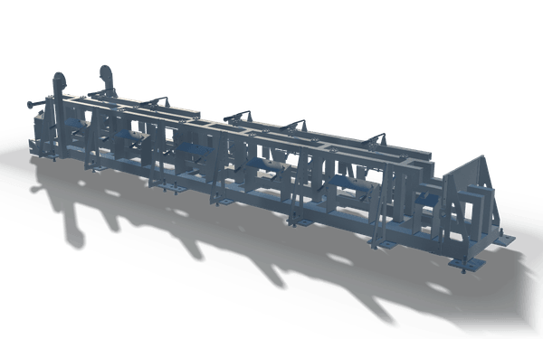 Welding jig, 5.3 m, in raw steel: a fixture frame with braced uprights, clamp brackets and locating pins.