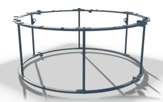 Ring frame, 3.5 m, in raw steel: two large flat rings held apart by a circle of slim posts, with brackets and lugs around the upper ring.