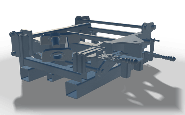 Welding jig, 1.2 m, in raw steel: a fixture frame on two base tubes with screw clamps and a pivoting locator above them.