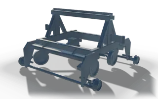 Handling trolley, 1.6 m, in raw steel: a welded trolley frame on four flanged wheels with two axles, with raked end frames carrying a top rail and guide brackets at the corners.