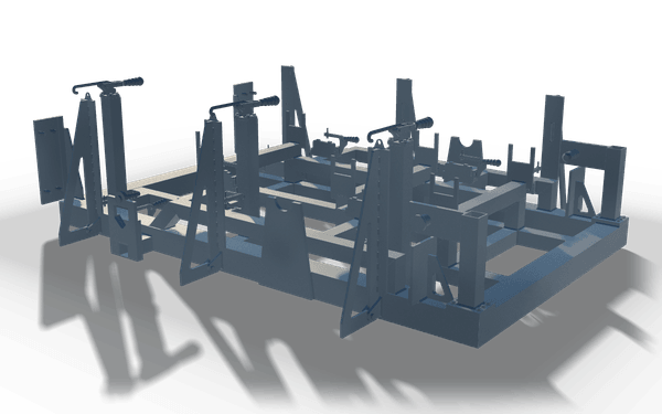 Welding jig with clamps, 2.2 m, in raw steel: a rectangular base frame carrying rows of upright locating plates and posts, with toggle clamps on top of them.