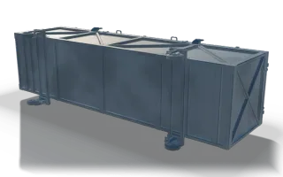 Transport crate, 4.1 m, in raw steel: a plated box with hinged end flaps and lashing lugs.