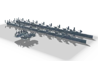 Welding jig, 8.6 m, in raw steel: a fixture bed with rows of clamps and stops, and a separate clamping frame beside it.