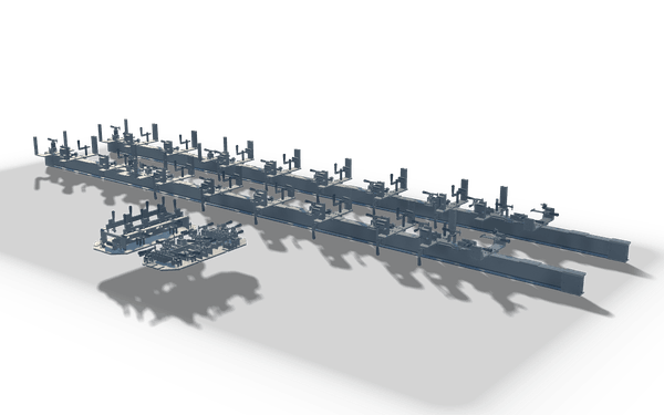 Welding jig, 8.6 m, in raw steel: a fixture bed with rows of clamps and stops, and a separate clamping frame beside it.