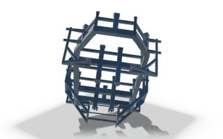 Tack-welding fixture, 4.2 m, in raw steel: an octagonal rotating fixture ring with internal locating frames.