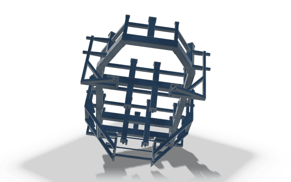 Tack-welding fixture, 4.2 m, in raw steel: an octagonal rotating fixture ring with internal locating frames.