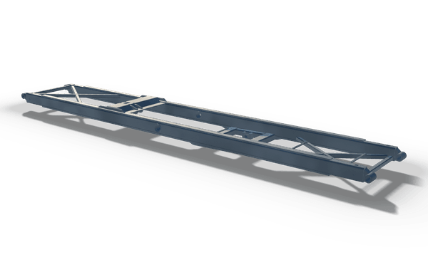 Scissor arm frame, 6 m, in raw steel: two long box rails with pivot bores at mid length, joined by cross members and by diagonal bracing near both ends.