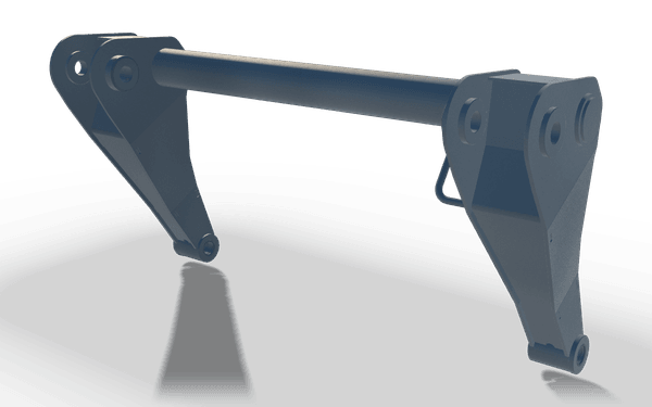 Lever pair with cross tube, 1.4 m, in raw steel: two tapered plate levers with pivot bores at top and bottom, joined at the top by a long cross tube, with a small hoop on one lever.