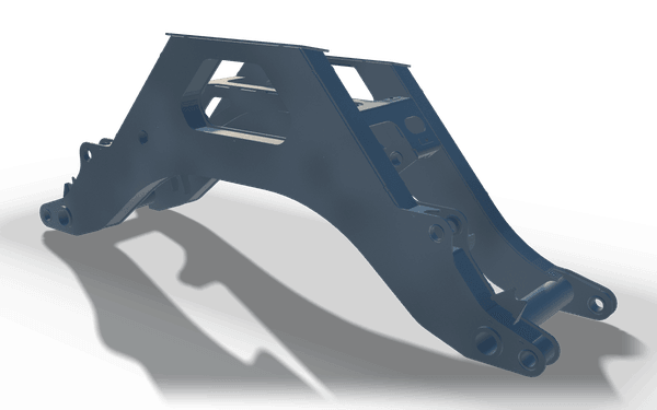 Swing arm weldment, 2.7 m, in raw steel: an arched arm of two side plates joined by cross plates and tubes, with a flat top plate and pivot lugs at both feet.