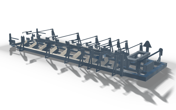 Welding jig, 5.1 m, in raw steel: a flat base frame with cross members, and rows of locating posts and clamps standing on it.