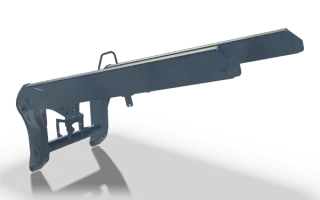 Lift arm weldment, 2.6 m, in raw steel: two long parallel arms cranked down at one end to pivot bores, joined there by a cross tube and plates, with a hoop bracket on top.