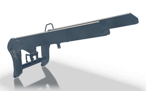 Lift arm weldment, 2.6 m, in raw steel: two long parallel arms cranked down at one end to pivot bores, joined there by a cross tube and plates, with a hoop bracket on top.