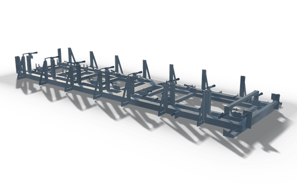 Welding jig, 5.4 m, in raw steel: a fixture frame of two rails with upright clamp posts and side stops.