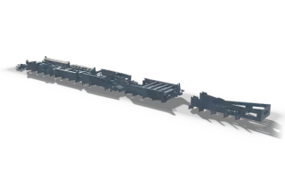 Welding jig, 13.7 m, in raw steel: a long low fixture bed with clamping stations and a curved end section.