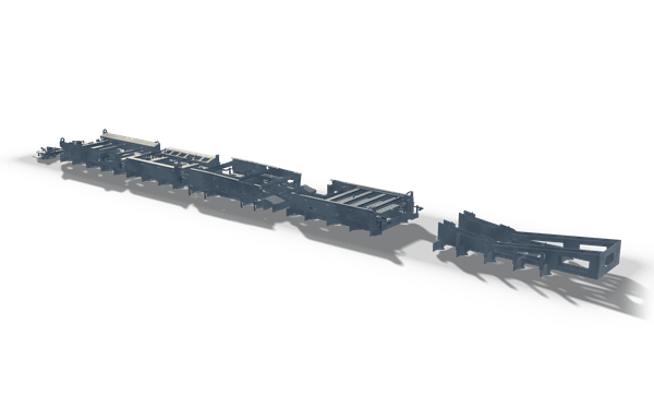 Welding jig, 13.7 m, in raw steel: a long low fixture bed with clamping stations and a curved end section.