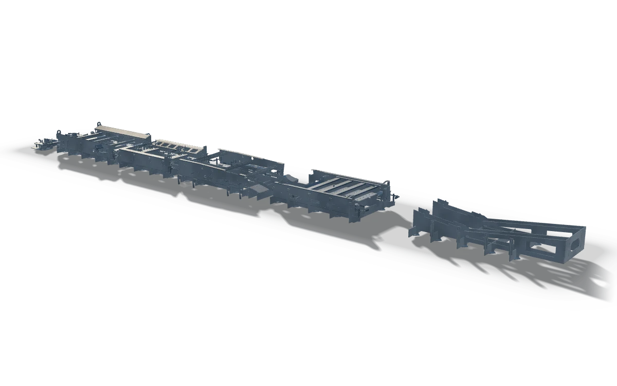 Welding jig, 13.7 m, in raw steel: a long low fixture bed with clamping stations and a curved end section.