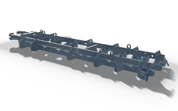 Welding jig, 4.4 m, in raw steel: a fixture frame with upright clamp posts along both rails and pivot arms.