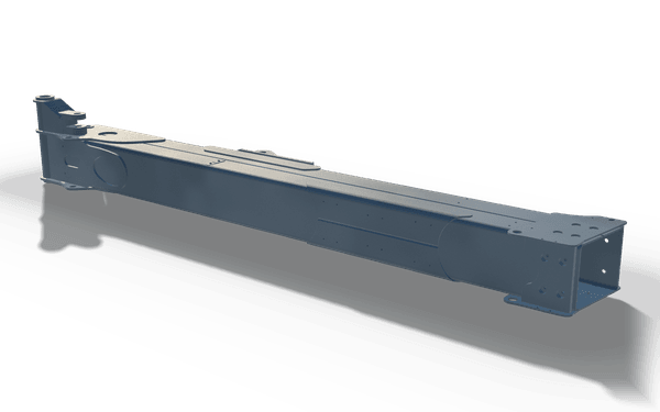 Telescopic boom section, 3.8 m, in raw steel: a long rectangular box section, open at one end with a drilled collar, with a pivot head and lugs at the other end.