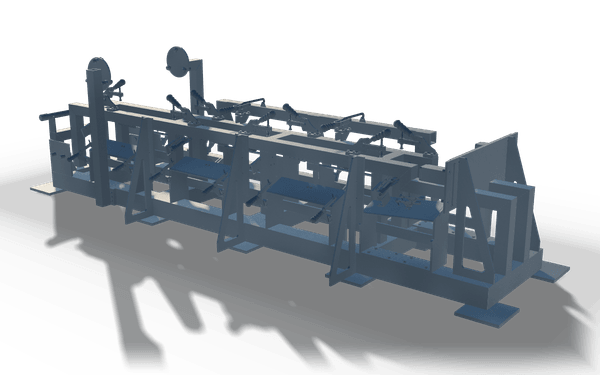Welding jig, 3.2 m, in raw steel: a fixture frame with three upright clamp stations and side stops.