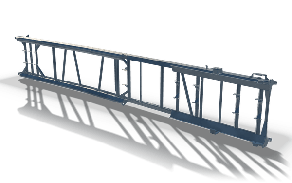 Discharge conveyor frame, 10.2 m, in raw steel: a welded truss of chords and diagonals with idler brackets along the top edge.