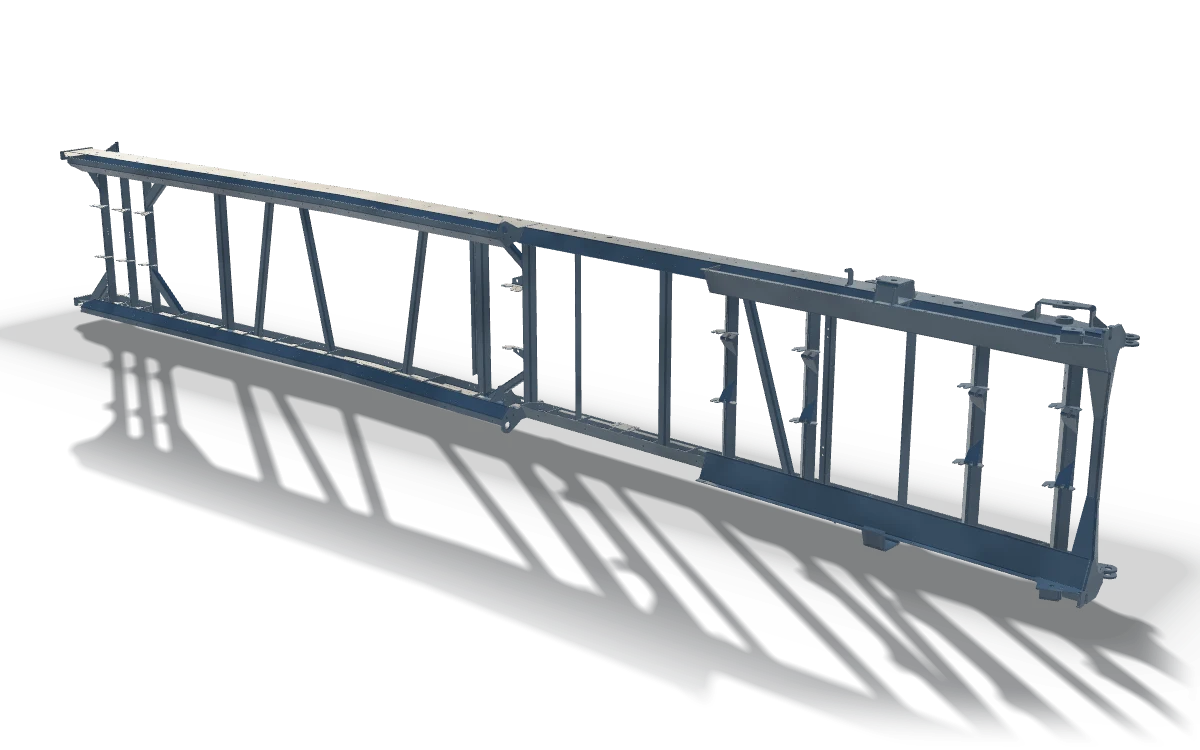 Discharge conveyor frame, 10.2 m, in raw steel: a welded truss of chords and diagonals with idler brackets along the top edge.