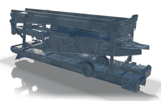 Welded plant structure, 8.2 m, in raw steel: a chassis carrying a screen box, a discharge chute and an axle with one wheel.