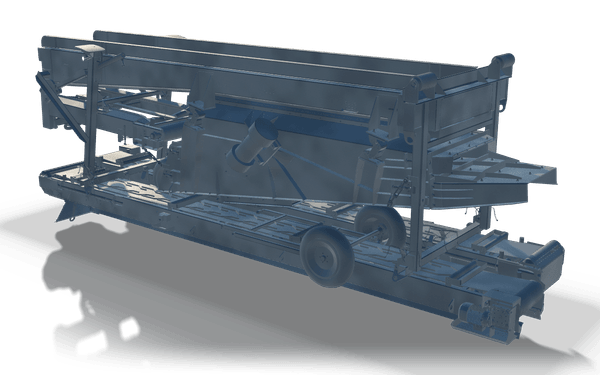 Welded plant structure, 8.2 m, in raw steel: a chassis carrying a screen box, a discharge chute and an axle with one wheel.
