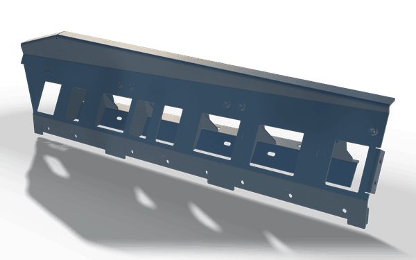 Conveyor side beam with cut-outs, 1.9 m, in raw steel: a side plate with a row of rectangular cut-outs under a folded top flange, with a folded tab at each cut-out and a drilled lower edge.
