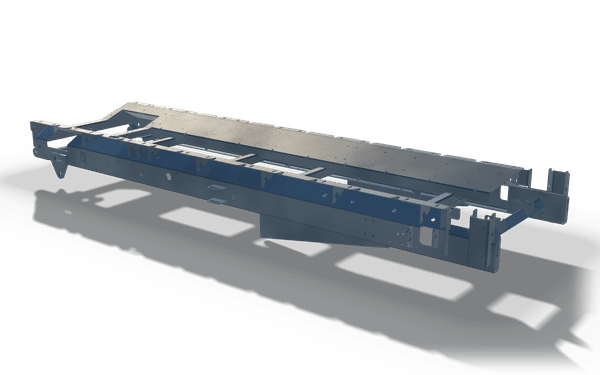 Conveyor frame with cover deck, 4.9 m, in raw steel: two side rails with drilled webs and cross members, a drilled cover deck over part of the top and a plated chute section hanging below.