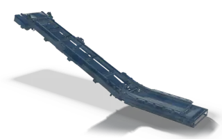 Kinked conveyor frame with drive, 8.9 m, in raw steel: a long trough frame that rises at an angle from a short level section, with cross members along it and a drive unit at the top end.