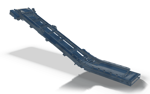 Kinked conveyor frame with drive, 8.9 m, in raw steel: a long trough frame that rises at an angle from a short level section, with cross members along it and a drive unit at the top end.