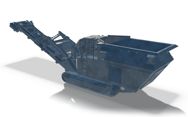 Tracked mobile plant structure, complete, 12.4 m, in raw steel: a clad machine house with louvred vent panels on a tracked undercarriage, a feed hopper and a long discharge conveyor.