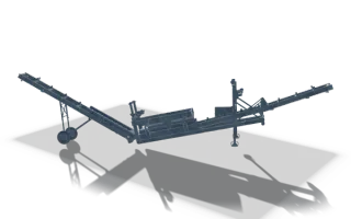 Welded plant structure, 14.7 m, in raw steel: a wheeled chassis carrying a screen box, with an inclined conveyor frame rising from each end and a support leg.