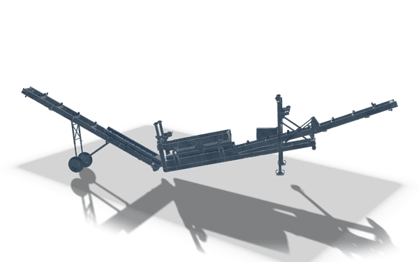 Welded plant structure, 14.7 m, in raw steel: a wheeled chassis carrying a screen box, with an inclined conveyor frame rising from each end and a support leg.