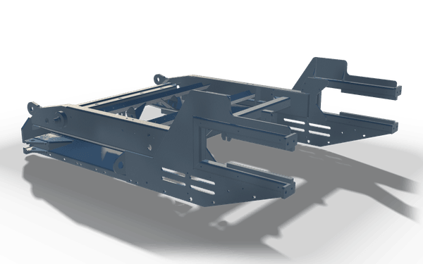 Side conveyor frame, 2.3 m, in raw steel: two side plates joined by cross tubes, each ending in a pair of fork arms, with lifting eyes on top.