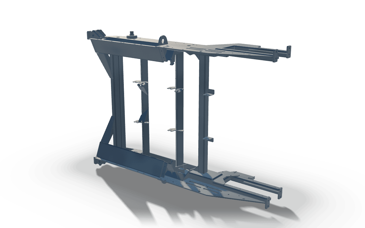 Châssis de convoyeur latéral, 2,3 m, en acier brut : une console soudée verticale avec une jambe de force diagonale et une plaque de fixation au sommet.