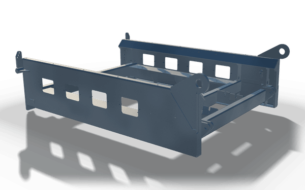 Conveyor frame, 2 m, in raw steel: two side plates with square windows joined by cross members, with pivot eyes at one end.