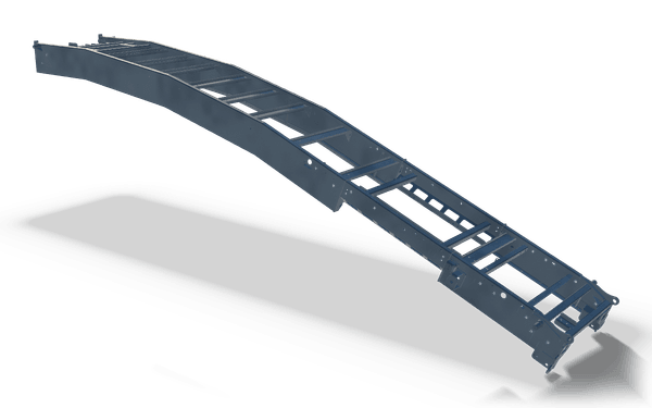 Conveyor frame, 8.6 m, in raw steel: a ladder frame of two rails and cross members with a raised centre section.