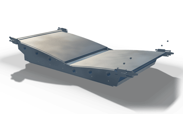 Plant structure, sub-assembly, 3.3 m, in raw steel: a plate deck on two side plates with bolt holes and a step in the middle.