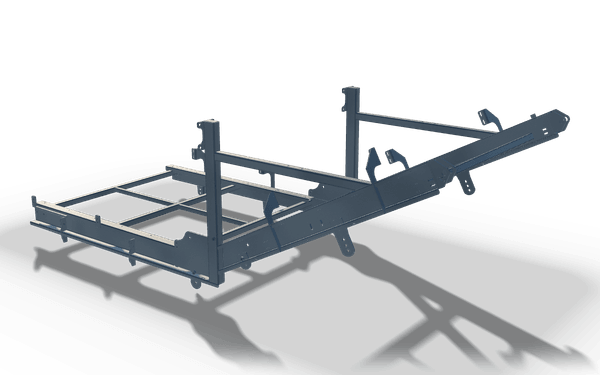 Roller frame with upright posts, 3.3 m, in raw steel: a rectangular frame that kinks upward into a long plated arm, with two upright posts tied by a cross tube and hook brackets along both sides.