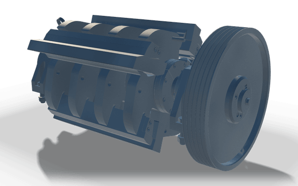 Rotor with beater bars and belt pulley, 1.7 m, in raw steel: a drum with four longitudinal bars on a shaft, and a large pulley at one end.