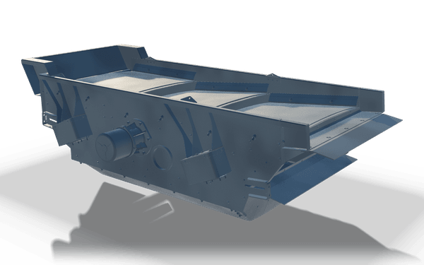Plant structure, main assembly, 4.1 m, in raw steel: a screen box with plated side walls, a drive housing and a discharge lip.