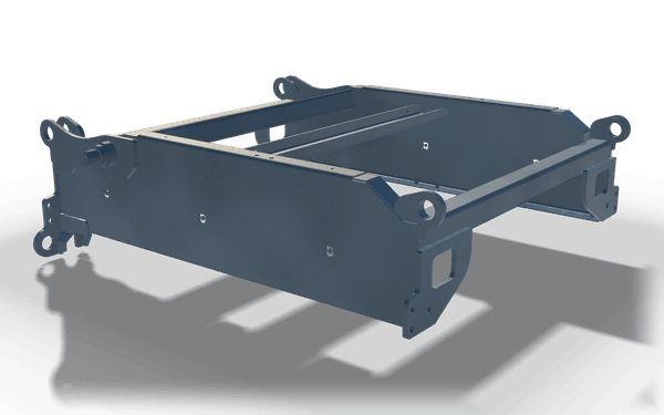 Conveyor frame, 1.6 m, in raw steel: two plain side plates joined by cross tubes, with an eye lug at each corner.
