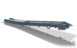 Belt conveyor frame with drive, 11.2 m, in raw steel: a trough frame with plated sides, idler brackets and a drive drum at the head end.