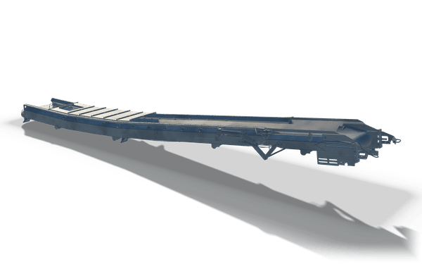 Belt conveyor frame with drive, 11.2 m, in raw steel: a trough frame with plated sides, idler brackets and a drive drum at the head end.