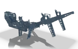 Welded conveyor assembly, 5 m, in raw steel: a support frame standing on four perforated legs, with a cross beam, pivot brackets and lifting eyes on top.