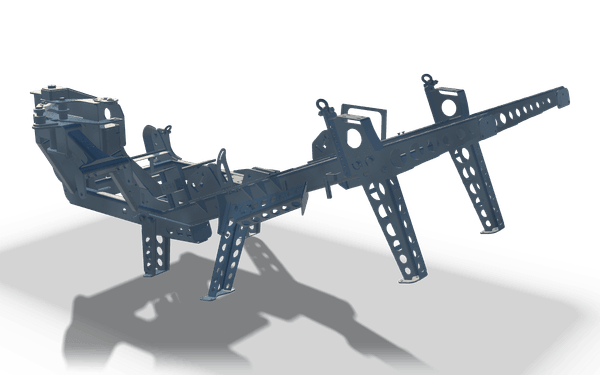 Welded conveyor assembly, 5 m, in raw steel: a support frame standing on four perforated legs, with a cross beam, pivot brackets and lifting eyes on top.