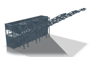 Hopper container with three inclined conveyors, 13.5 m, in raw steel: an open topped hopper container standing on a closed base container, with three inclined conveyors rising from the hopper outlets and support posts along the side.
