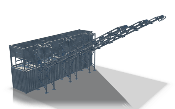 Hopper container with three inclined conveyors, 13.5 m, in raw steel: an open topped hopper container standing on a closed base container, with three inclined conveyors rising from the hopper outlets and support posts along the side.