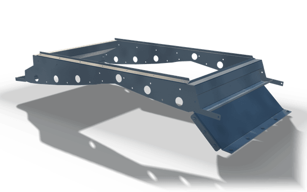 Screen deck frame with discharge lip, 3.3 m, in raw steel: an open rectangular frame of plate with bolt holes and an angled lip at one end.